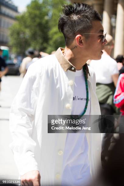 Edison Chen in a white Sacai top at Louis Vuitton during Paris Fashion Week Mens Spring/Summer 2019 on June 21, 2018 in Paris, France.
