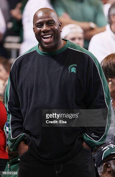 Magic Johnson attends the Tennessee Volunteers versus the Michigan State Spartans game during the midwest regional final of the 2010 NCAA men's...