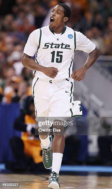 Durrell Summers of the Michigan State Spartans celebrates his three point basket in the first half against the Tennessee Volunteers during the...