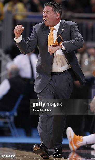 Head coach Bruce Pearl of the Tennessee Volunteers reacts in the first half against the Michigan State Spartans during the midwest regional final of...