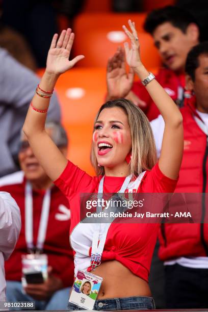 Female fan of Peru looks on during the 2018 FIFA World Cup Russia group C match between France and Peru at Ekaterinburg Arena on June 21, 2018 in...