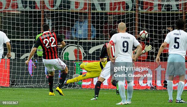 Marco Borriello scores the first goal during the Serie A match between AC Milan and SS Lazio at Stadio Giuseppe Meazza on March 28, 2010 in Milan,...