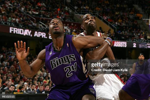 Carl Landry of the Sacramento Kings boxes out Antawn Jamison of the Cleveland Cavaliers for the rebound on March 28, 2010 at The Quicken Loans Arena...