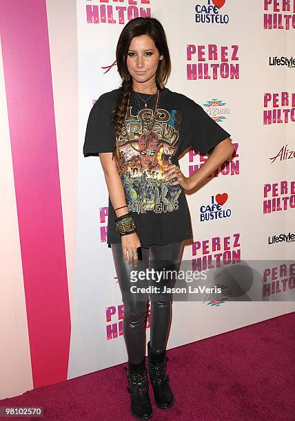 Actress Ashley Tisdale attends Perez Hilton's "Carn-Evil" Theatrical Freak and Funk 32nd birthday party at Paramount Studios on March 27, 2010 in Los...