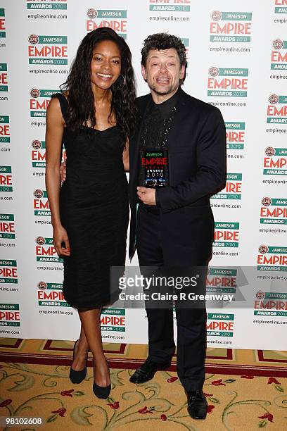 Naomie Harris and Andy Serkis pose with the Empire Inspiration award at the Winners Boards at the Jameson Empire Film Awards held at the Grosvenor...