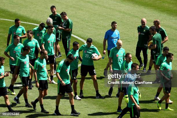 Players take part during an Australian Socceroos training session at Stadium Trudovye Rezervy on June 22, 2018 in Kazan, Russia.