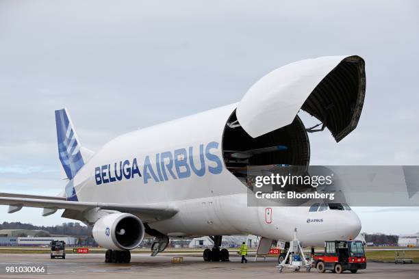 Sections of Airbus A320 wings sit inside the cargo hold of an Airbus A300-600 Beluga super transporter aircraft, produced by Airbus Group NV, ahead...