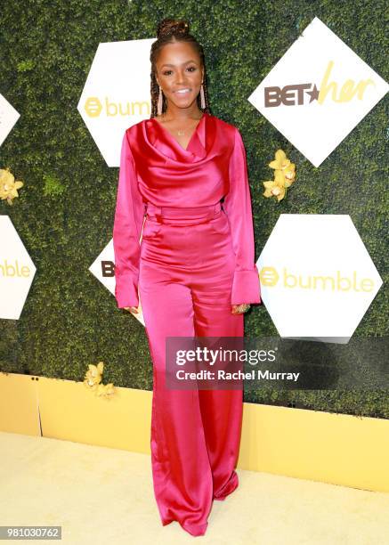 Entertainment journalist Gia Peppers arrives at the BET Her Awards Presented By Bumble at Conga Room on June 21, 2018 in Los Angeles, California.