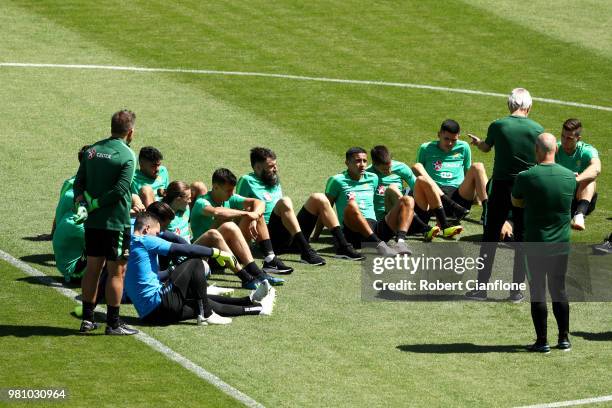 Bert van Marwijk, Head coach of Australia speaks to his players during an Australian Socceroos training session at Stadium Trudovye Rezervy on June...