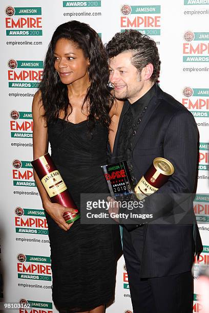 Naomie Harris and Andy Serkis pose with the Empire Inspiration award at the Winners Boards at the Jameson Empire Film Awards held at the Grosvenor...