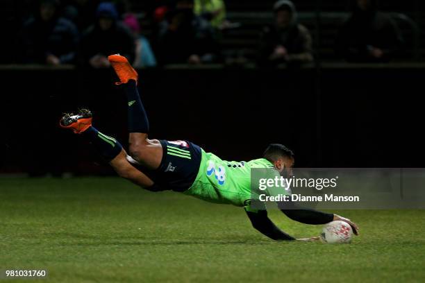 Lima Sopoaga of the Highlanders dives over to score a try during the match between the Highlanders and the French Barbarians at Rugby Park Stadium on...