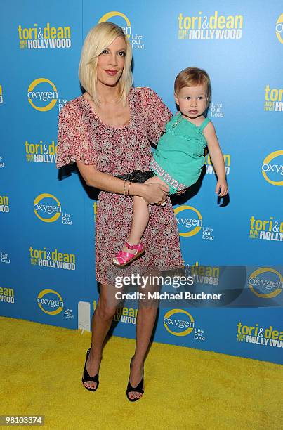 Actress Tori Spelling and daughter Stalla McDermott arrive at Oxygen's Spring Party for "Tori & Dean: Home Sweet Hollywood" at the Miramar Hotel on...