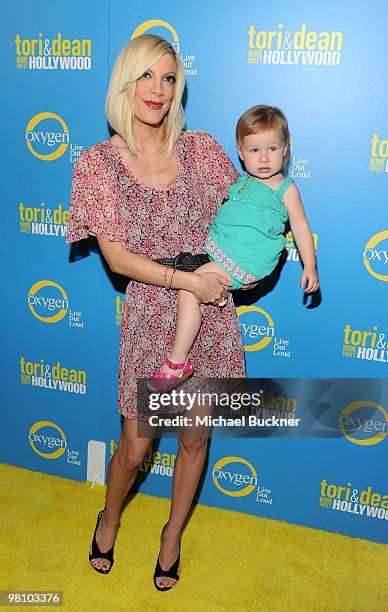 Actress Tori Spelling and daughter Stalla McDermott arrive at Oxygen's Spring Party for "Tori & Dean: Home Sweet Hollywood" at the Miramar Hotel on...