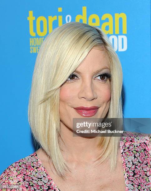 Actress Tori Spelling arrives at Oxygen's Spring Party for "Tori & Dean: Home Sweet Hollywood" at the Miramar Hotel on March 28, 2010 in Santa...
