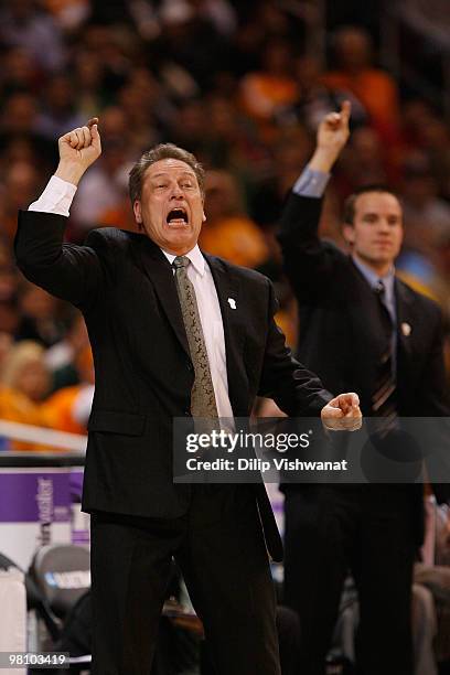 Head coach Tom Izzo of the Michigan State Spartans directs his team against the Tennessee Volunteers during the midwest regional final of the 2010...