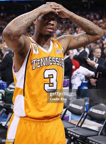 Bobby Maze of the Tennessee Volunteers walks off the court after the loss to the Michigan State Spartans during the midwest regional final of the...