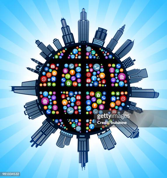 globe wireframe home automatiblack and white cityscape skyline background - building wireframe stock illustrations