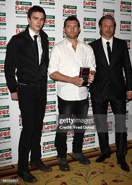 Nicholas Hoult, Sam Worthington and Mads Mikkelsen attend the Jameson Empire Awards 2001 pressroom at The Grosvenor House Hotel on March 28, 2010 in...