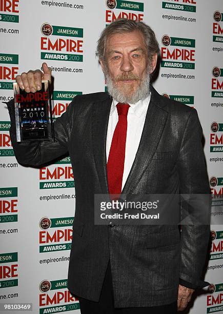 Sir Ian McKellen attends the Jameson Empire Awards 2001 pressroom at The Grosvenor House Hotel on March 28, 2010 in London, England.