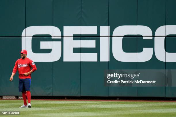 Kelvin Herrera of the Washington Nationals warms up before a game against the Baltimore Orioles at Nationals Park on June 19, 2018 in Washington, DC.