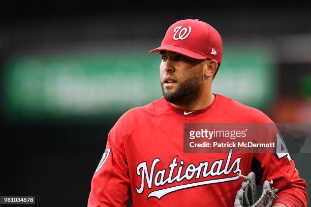 Kelvin Herrera of the Washington Nationals warms up before a game against the Baltimore Orioles at Nationals Park on June 19, 2018 in Washington, DC.