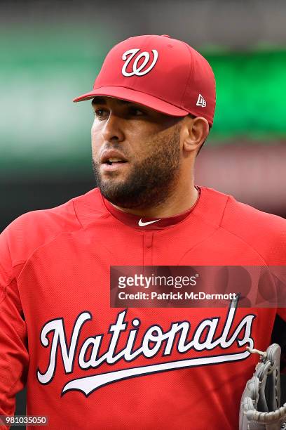 Kelvin Herrera of the Washington Nationals warms up before a game against the Baltimore Orioles at Nationals Park on June 19, 2018 in Washington, DC.