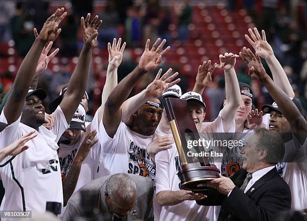 : : : : : The Michigan State Spartans celebrate their win over the Tennessee Volunteers after the midwest regional final of the 2010 NCAA men's...