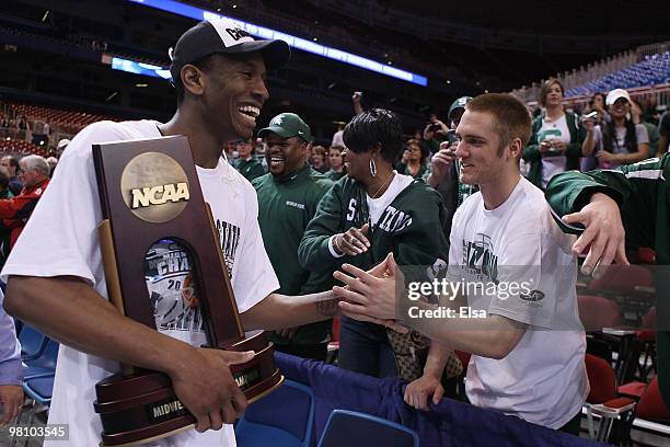 : : : Raymar Morgan of the Michigan State Spartans is congratulated by fans after the win over the Tennessee Volunteers during the midwest regional...