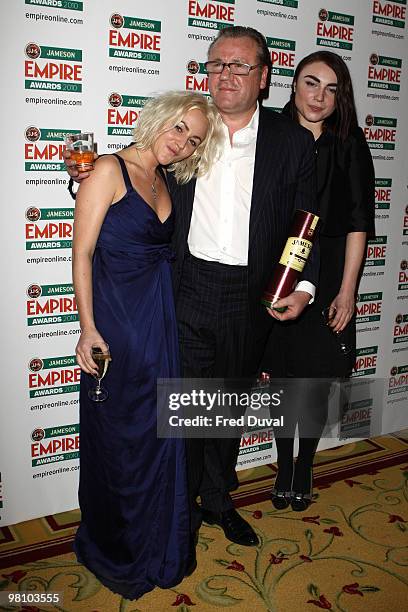 Jaime Winstone, Ray Winstone and Lois Winstone attend the Jameson Empire Awards 2001 pressroom at The Grosvenor House Hotel on March 28, 2010 in...