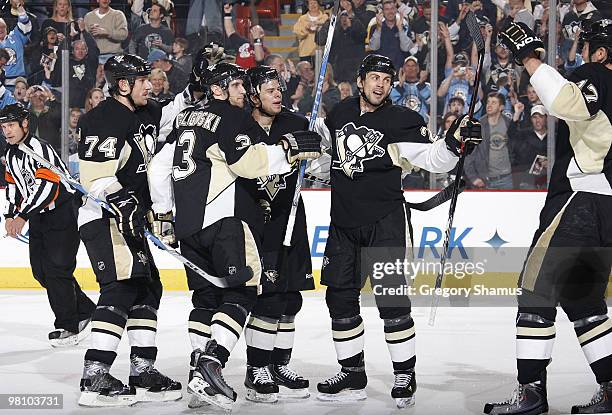 Tyler Kennedy of the Pittsburgh Penguins celebrates his goal with teammates against the Toronto Maple Leafs on March 28, 2010 at Mellon Arena in...