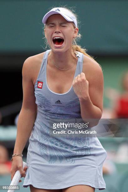 Caroline Wozniacki of Denmark celebrates a point against Maria Kirilenko of Russia during day six of the 2010 Sony Ericsson Open at Crandon Park...