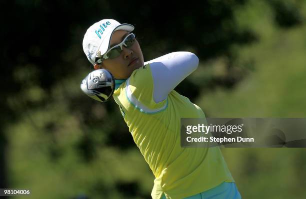 Hee Kyung Seo of South Korea hits her tee shot on the fourth hole during the final round of the Kia Classic Presented by J Golf at La Costa Resort...
