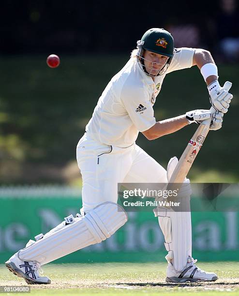 Shane Watson of Australia bats during day three of the Second Test Match between New Zealand and Australia at Seddon Park on March 29, 2010 in...