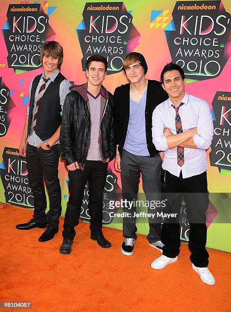 Musicians James Maslow, Kendall Schmidt, Carlos Pena and Logan Henderson of Big Time Rush arrive at Nickelodeon's 23rd Annual Kid's Choice Awards at...