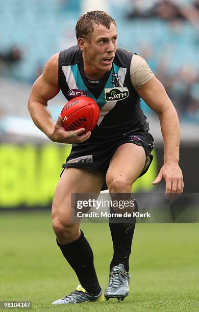 Brett Ebert of the Power looks on during the round one AFL match between the Port Adelaide Power and the North Melbourne Kangaroos at AAMI Stadium on...