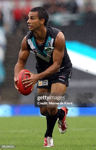 Danyle Pearce of the Power prepares to kick the ball during the round one AFL match between the Port Adelaide Power and the North Melbourne Kangaroos...