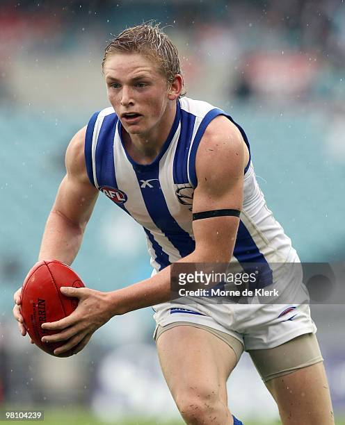 Jack Ziebell of the Kangaroos looks for support during the round one AFL match between the Port Adelaide Power and the North Melbourne Kangaroos at...