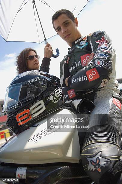 David Salom of Spain and ParkinGO BE1 Trimph prepares to start on the grid during the Supersport World Championship race round two at Algarve Motor...