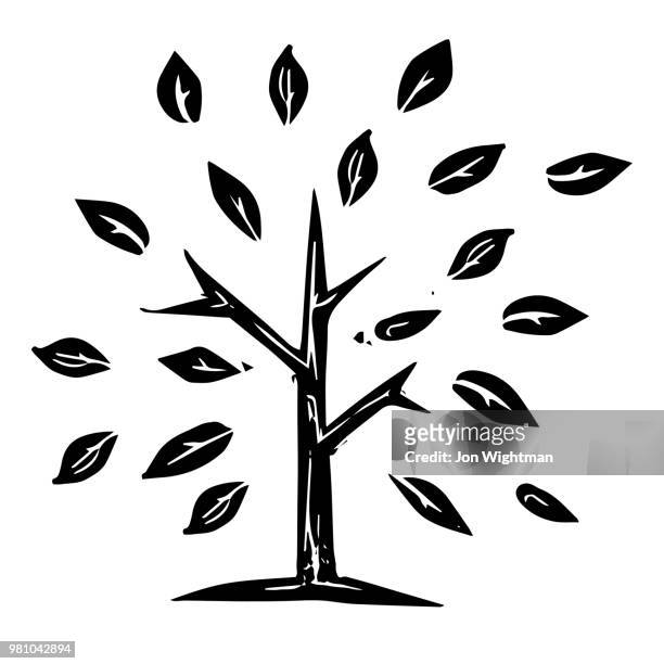 ilustraciones, imágenes clip art, dibujos animados e iconos de stock de árbol de otoño linograbado - linocut