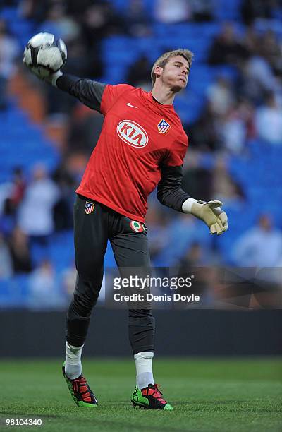 David de Gea of Atletico Madrid warms-up before the start of the La Liga match between Real Madrid and Atletico Madrid at Estadio Santiago Bernabeu...