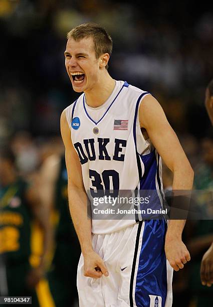 Jon Scheyer of the Duke Dlue Devils celebrates a win over the Baylor Bears during the south regional final of the 2010 NCAA men's basketball...