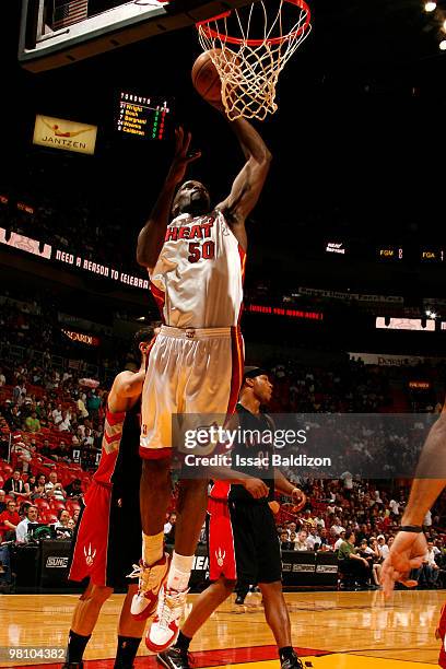 Joel Anthony of the Miami Heat dunks against the Toronto Raptors on March 28, 2010 at American Airlines Arena in Miami, Florida. NOTE TO USER: User...