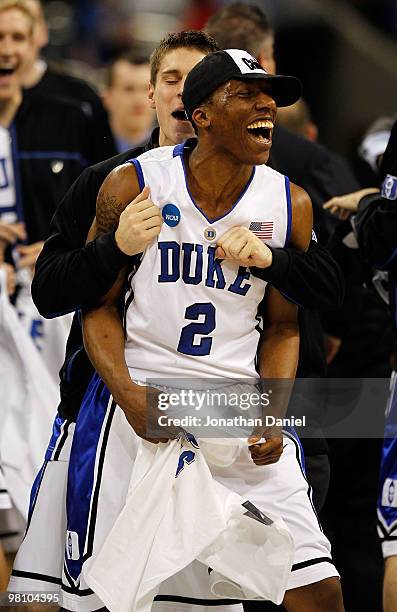 Nolan Smith of the Duke Dlue Devils celebrates a win over the Baylor Bears during the south regional final of the 2010 NCAA men's basketball...