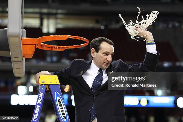 Head coach Mike Krzyzewski of the Duke Blue Devils after a 78-71 win against the Baylor Bears during the south regional final of the 2010 NCAA men's...