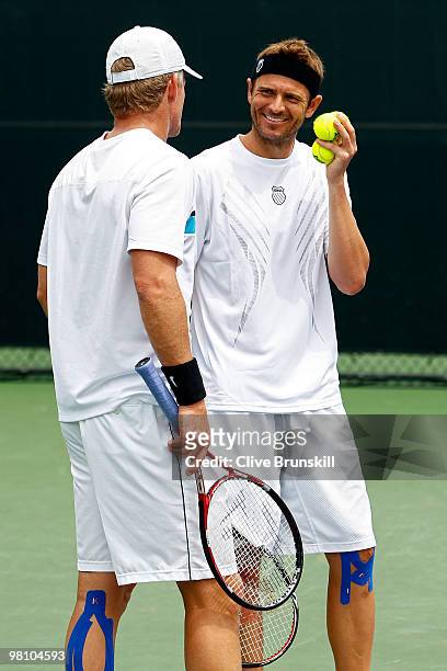 Mark Knowles and Mardy Fish of the United States play against Mikhail Youzhny and Igor Andreev during day six of the 2010 Sony Ericsson Open at...