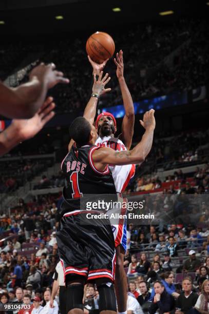 Richard Hamilton of the Detroit Pistons attempts a shot against Derrick Rose of the Chicago Bulls in a game at the Palace of Auburn Hills on March...