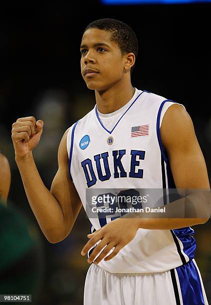 Andre Dawkins of the Duke Dlue Devils celebrates a win over the Baylor Bears during the south regional final of the 2010 NCAA men's basketball...