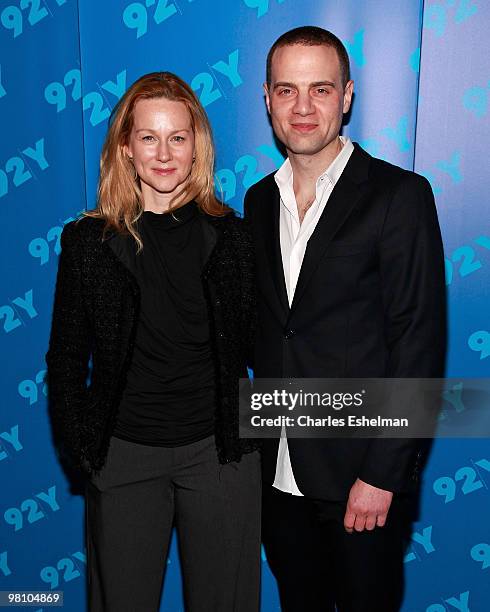 Theater owner Jordan Roth and actress Laura Linney attend Jordan Roth's "Broadway Talks" conversation at the 92nd Street Y on March 28, 2010 in New...