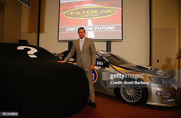 Mark Skaife poses for a photograph at a V8 Supercars press conference announcing the "Car of the Future" plan at Crown Casino on March 29, 2010 in...