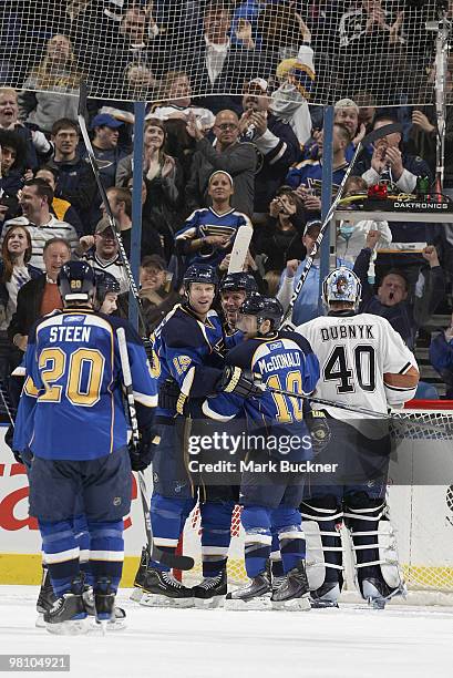 Keith Tkachuk of the St. Louis Blues celebrates a goal against the Edmonton Oilers with teammates Brad Winchester and Andy McDonald on March 28, 2010...